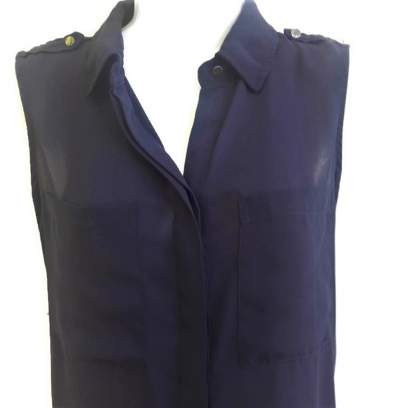 Carmen Marc Valvo Dark Navy Blue Blouse Sleeveless Button Front Hi Low Pockets S - Picture 4 of 7